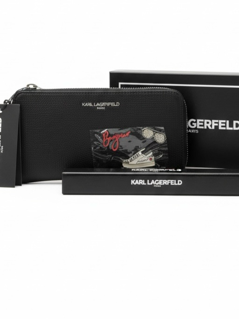 Karl Lagerfeld Black Leather Zip Wallet with Patch Detail
